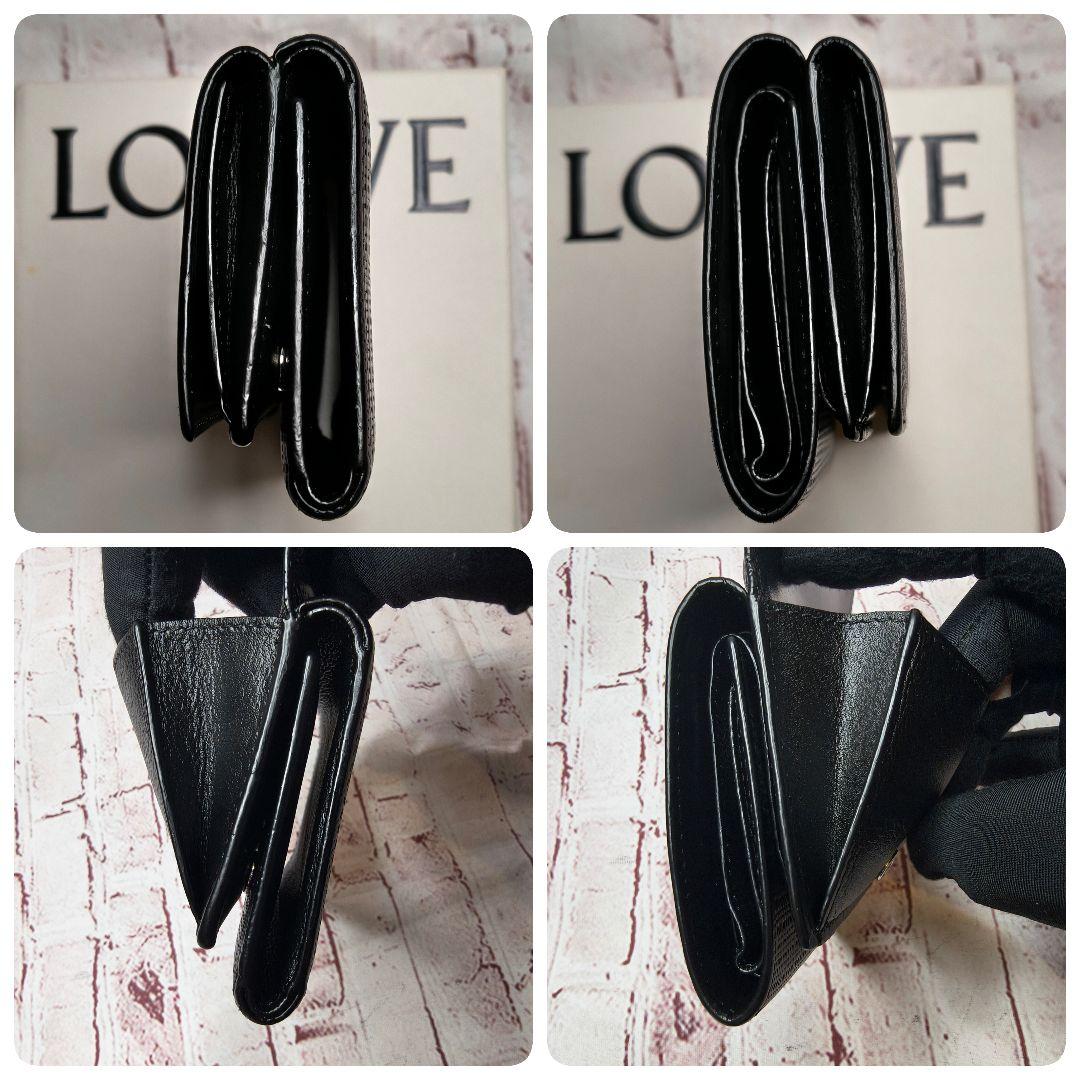 【美品】ロエベ 三つ折り財布 トライフォールド リネン アナグラム 本革／黒A