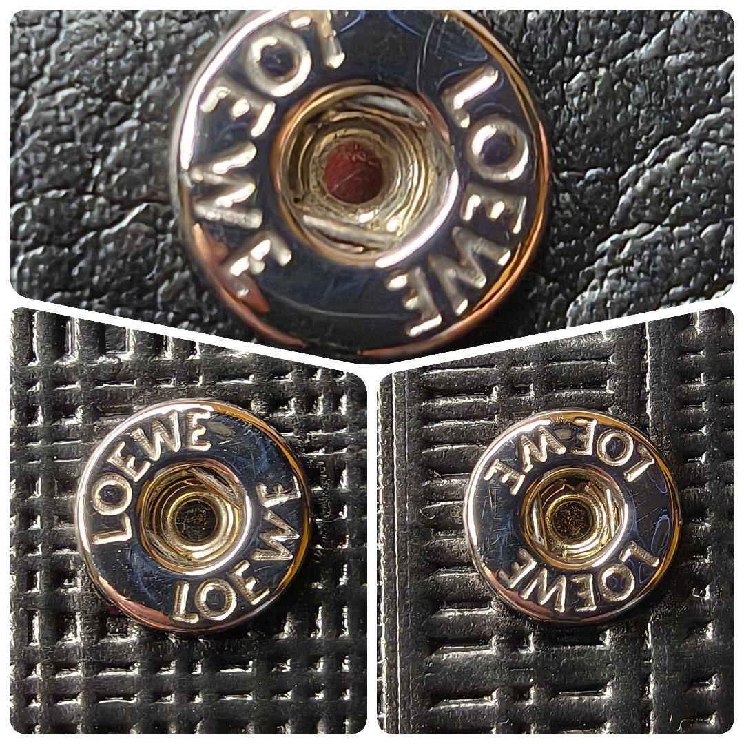 【美品】ロエベ 三つ折り財布 トライフォールド リネン アナグラム 本革／黒A