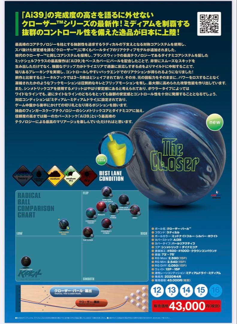 【新品未使用】 ラディカル クローザーパール 15ポンド ボウリングボール