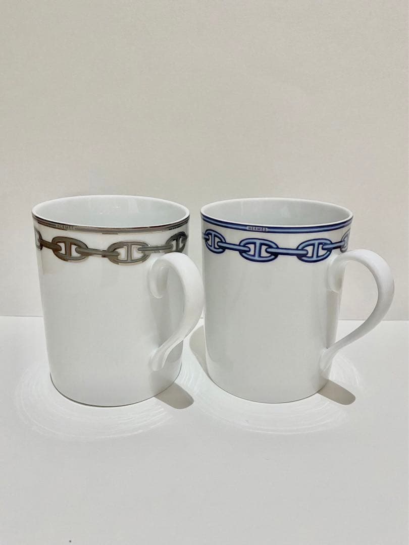 エルメスマグカップ シェーヌダンクル プラチナ&ブルー
