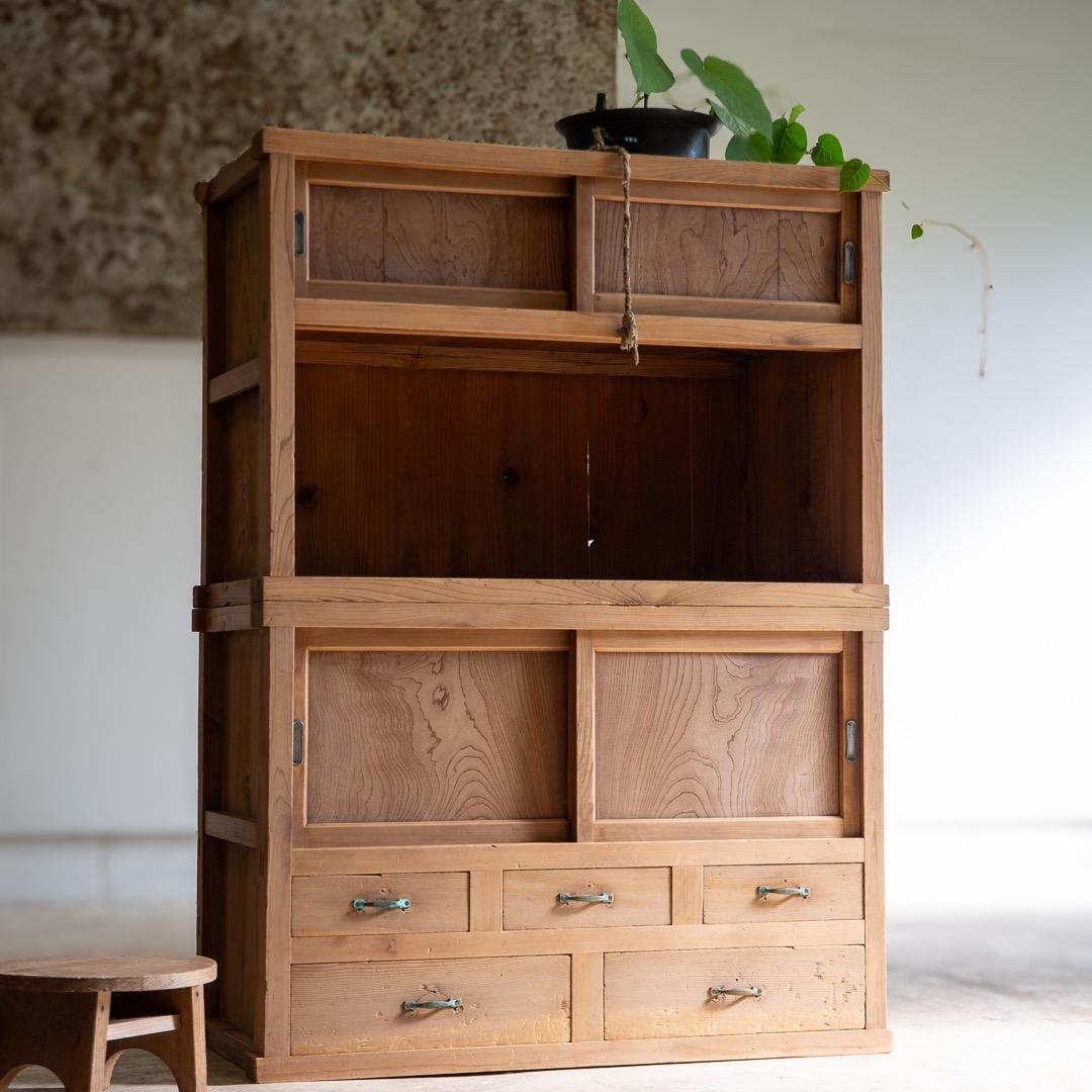 木製戸棚 古家具 2段重ね 収納棚 食器棚 幅890奥410高1210 送料込