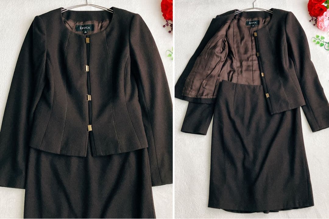 エポカEPOCA★ノーカラー スカートスーツ 金ボタン バックフリル セレモニー