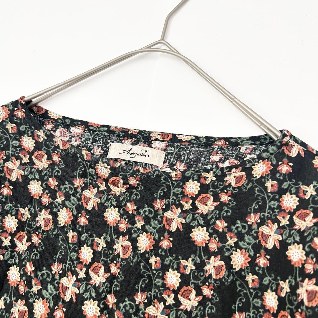 イチアンティークス　花柄ワンピース　麻　ブラック