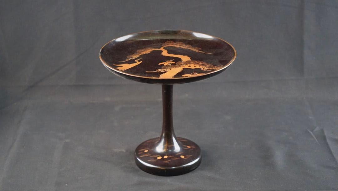 蒔絵　鶴 松紋　丸形黒塗菓子器　共箱　高杯