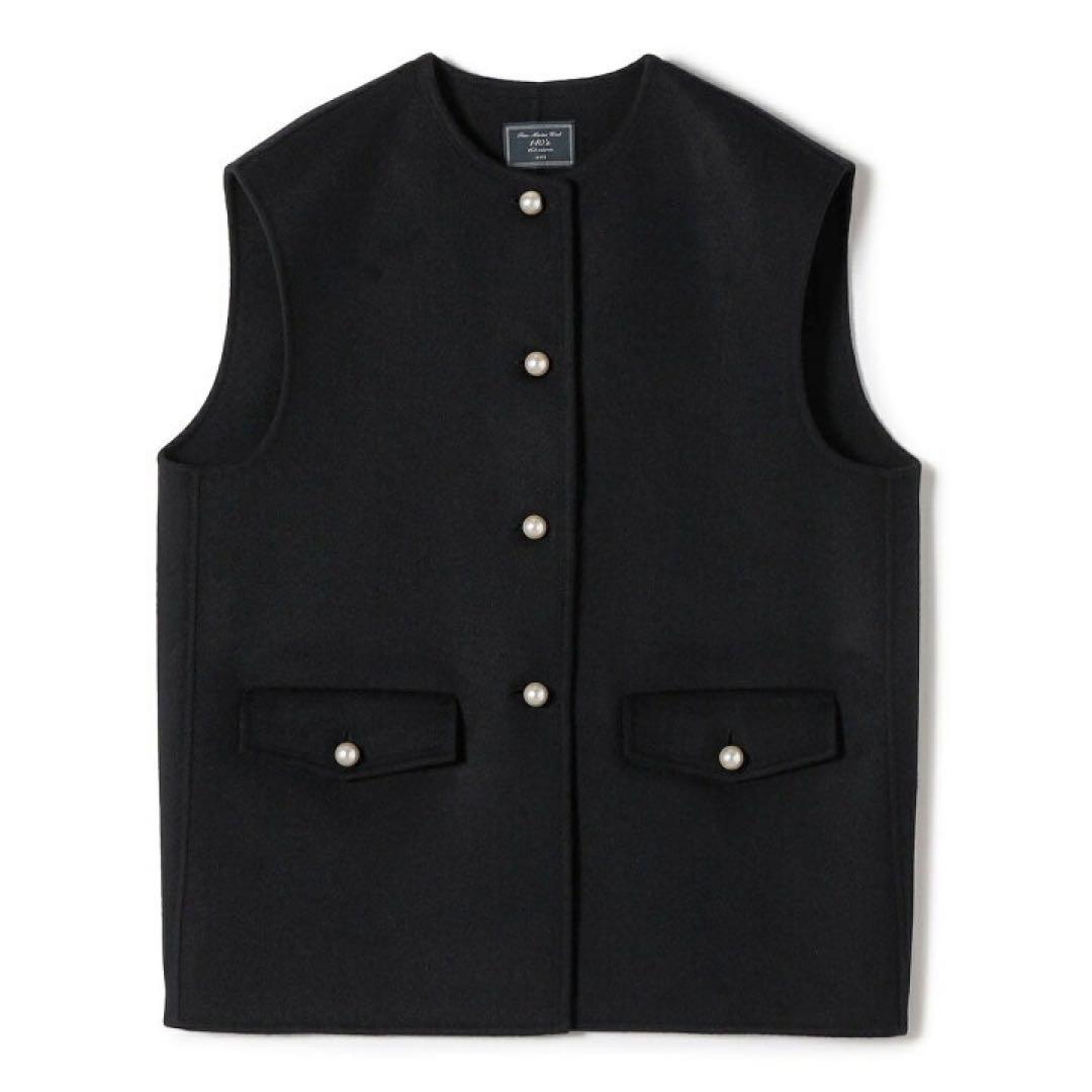 SHIPS SUPER140 ジーロンウール パール モチーフ ボタン ジレ 黒
