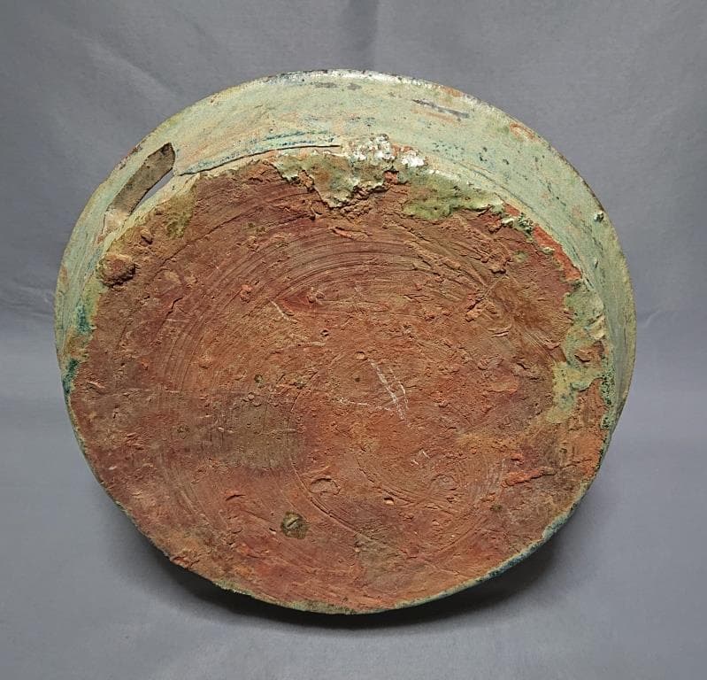 東漢時代　出土品　緑釉銀化陶製猪舎　彩文土器 径27.4㎝