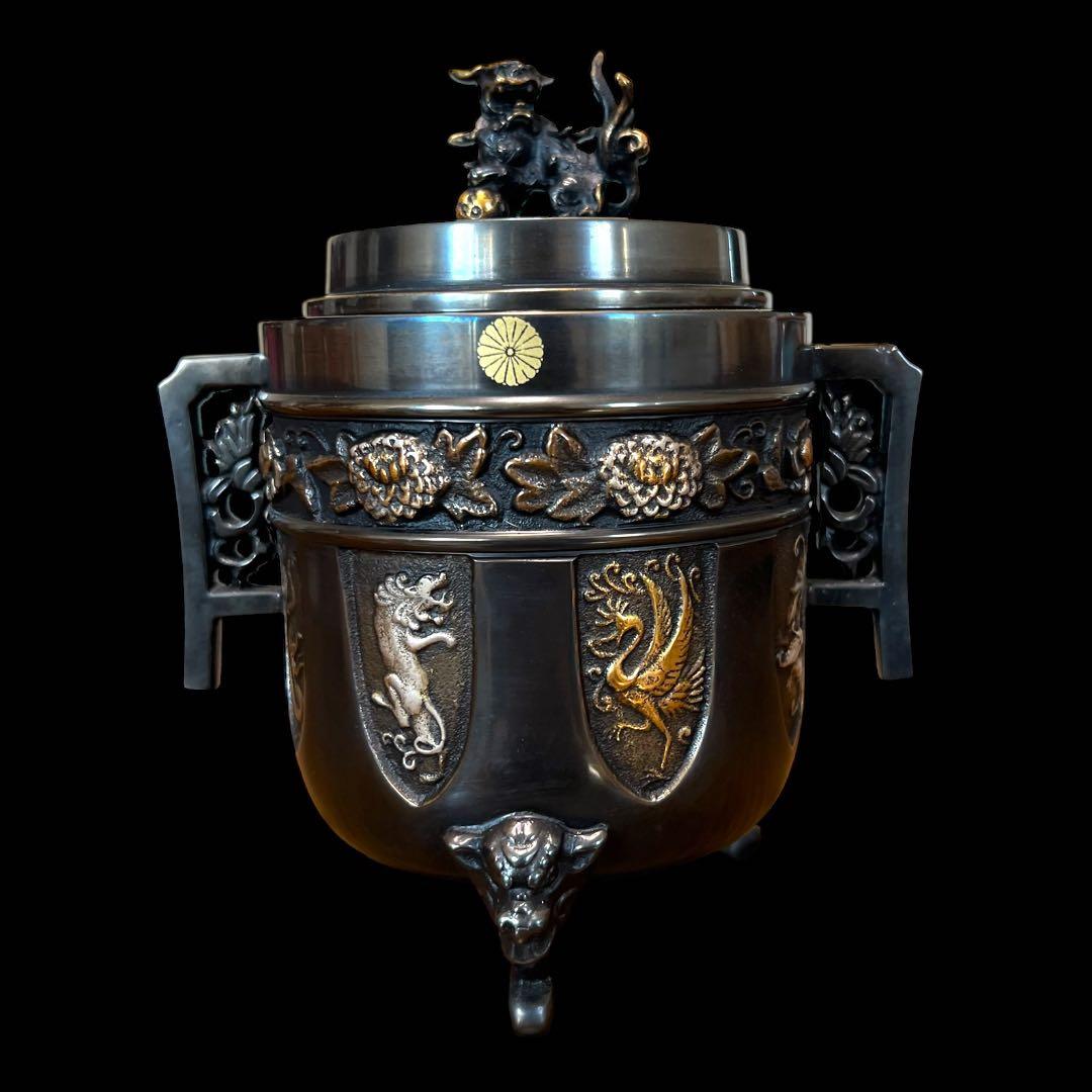 《希少未使用》高岡銅器 能作 吉秀作 銅製 獅子摘龍鳳凰図金銀象嵌三つ足香炉 鸛