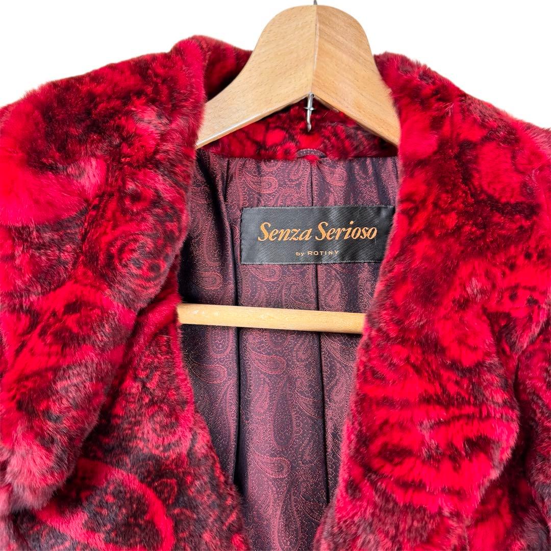 染めミンク レッド シェアード コート 短丈 ベルスリーブ ペプラム 総柄