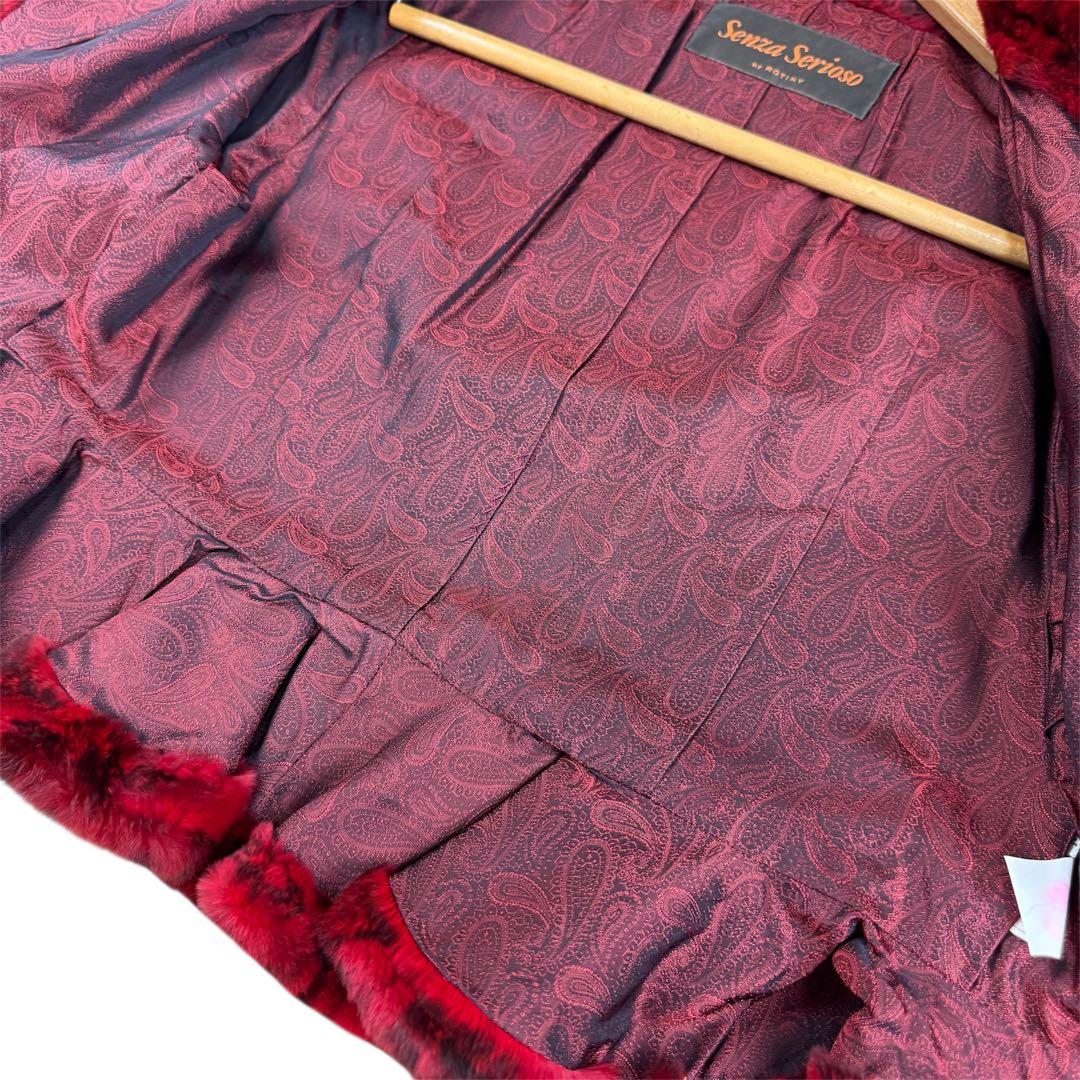 染めミンク レッド シェアード コート 短丈 ベルスリーブ ペプラム 総柄