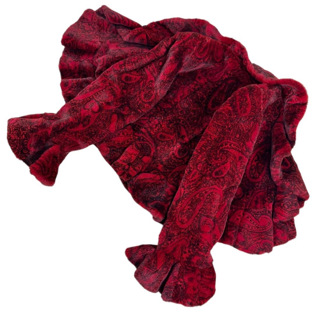 染めミンク レッド シェアード コート 短丈 ベルスリーブ ペプラム 総柄