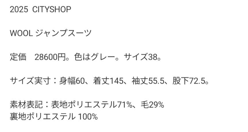 シティショップ　WOOL ジャンプスーツ　オールインワン　美品