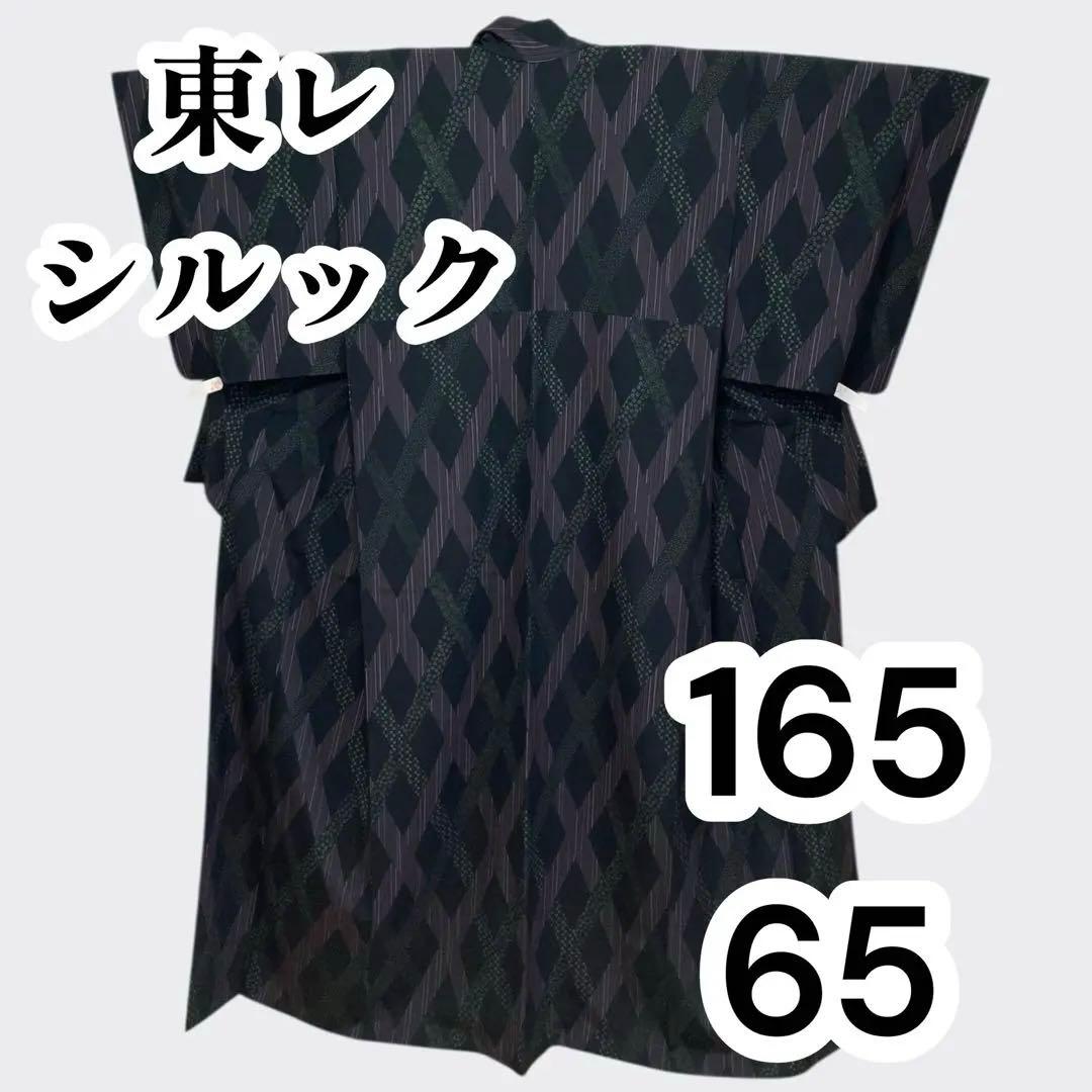 【美品✨】東レシルック　さんび　洗える着物　小紋　黒色　斜格子　大小あられ　H4