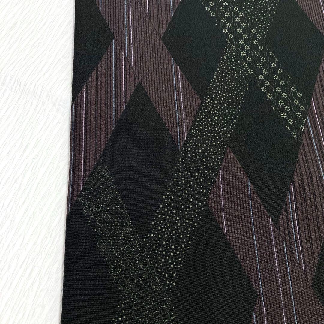 【美品✨】東レシルック　さんび　洗える着物　小紋　黒色　斜格子　大小あられ　H4