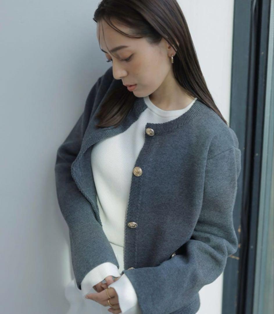 【試着のみ】anuans オリジナルボタンノーカラーニットジャケット