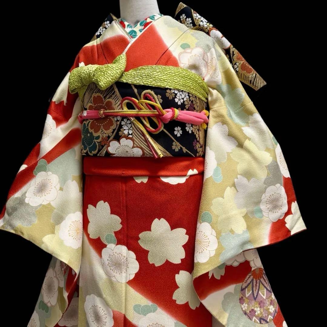 美品　振袖フルセット　トールサイズ　160〜170cm　梅・桜・毱・古典柄　裄長