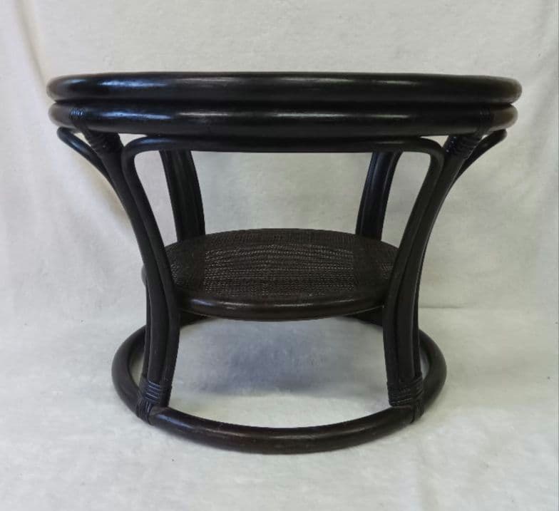 ラタン　サイドテーブル　ガラステーブル　籐　黒色　丸テーブル　センターテーブル