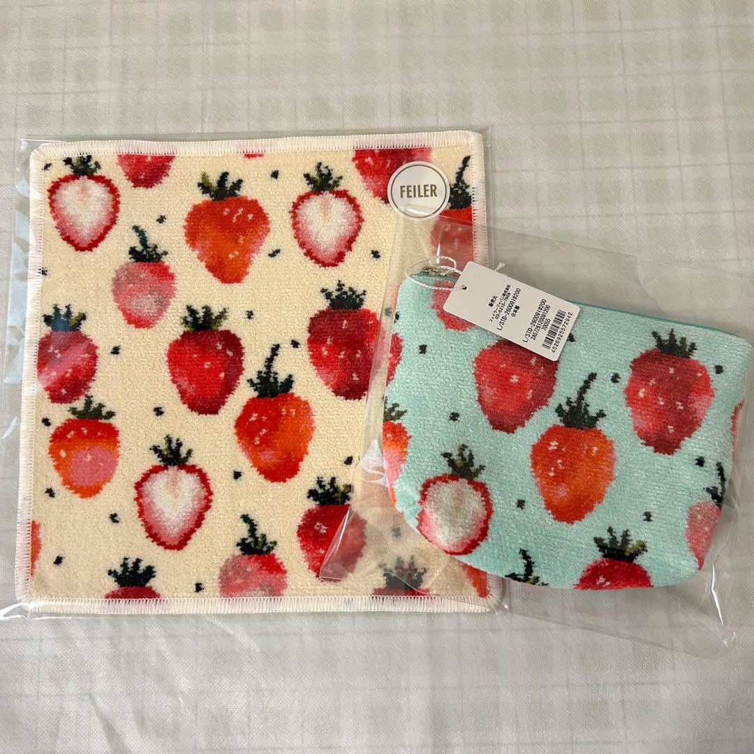 ラブラリー♡ストロベリードットハンカチ＆ストロベリードット舟型ポーチMフェイラー