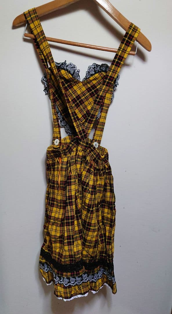 ROSANJIN ROOM ハート胸当てサスペンダーチェックスカート 黄色 美品