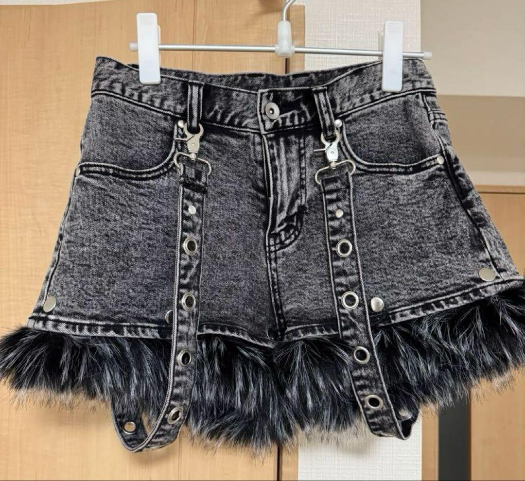 REFLEM ファー付きデニムショーツ グレー