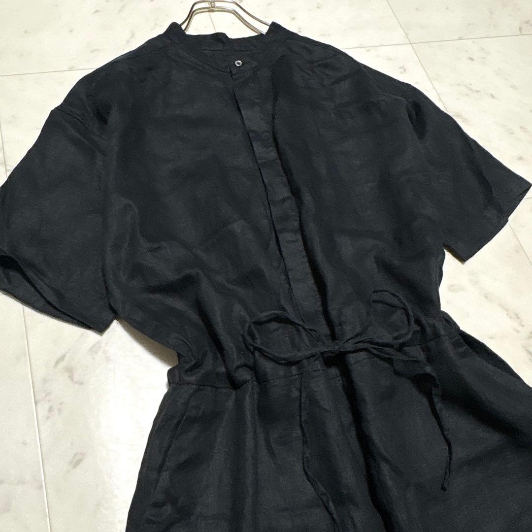 kagure リネンハーフスリーブオールインワン 比翼 ブラック 麻100%