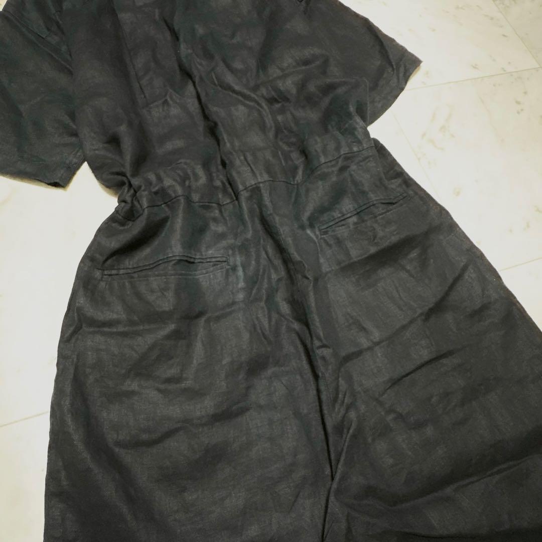 kagure リネンハーフスリーブオールインワン 比翼 ブラック 麻100%