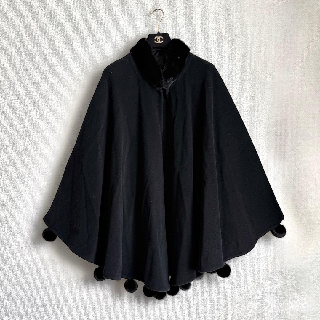 レリアン ミンクファー　ケープコート　ポンチョ　マントコート ブラック ウール