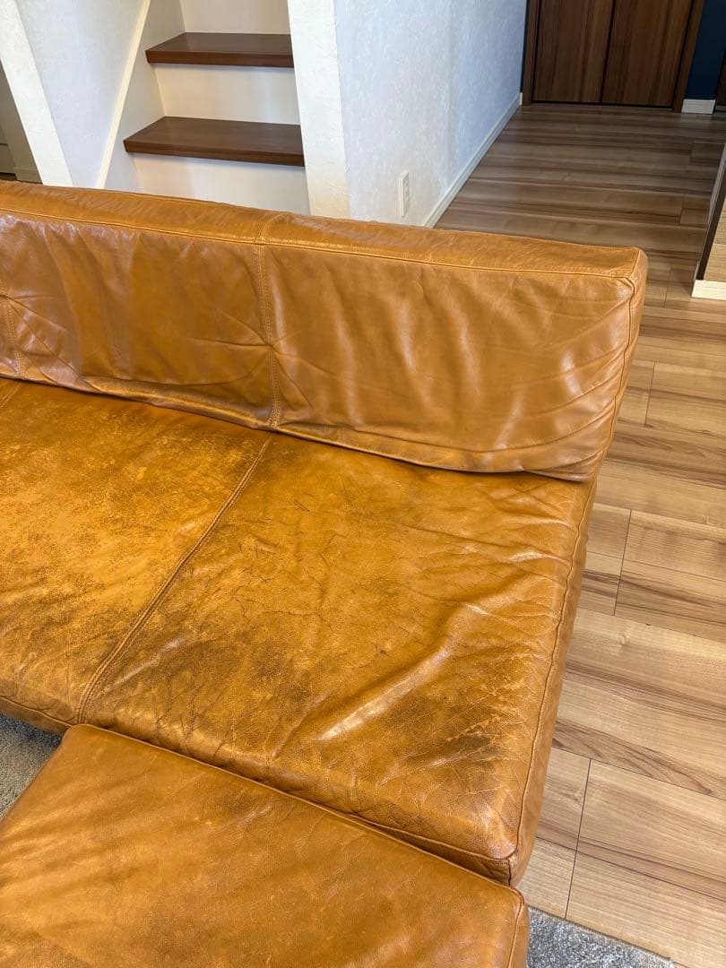 本革　カウチソファー　3人掛け　Blena LEATHER WOOD キャメル