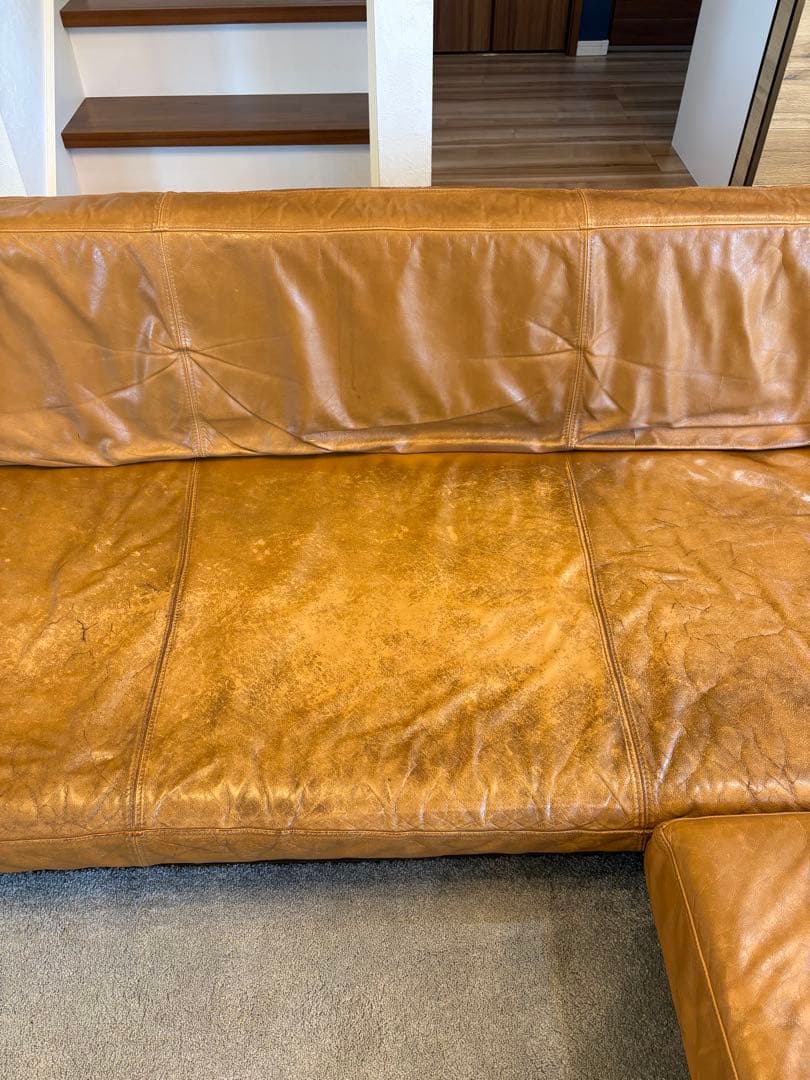 本革　カウチソファー　3人掛け　Blena LEATHER WOOD キャメル