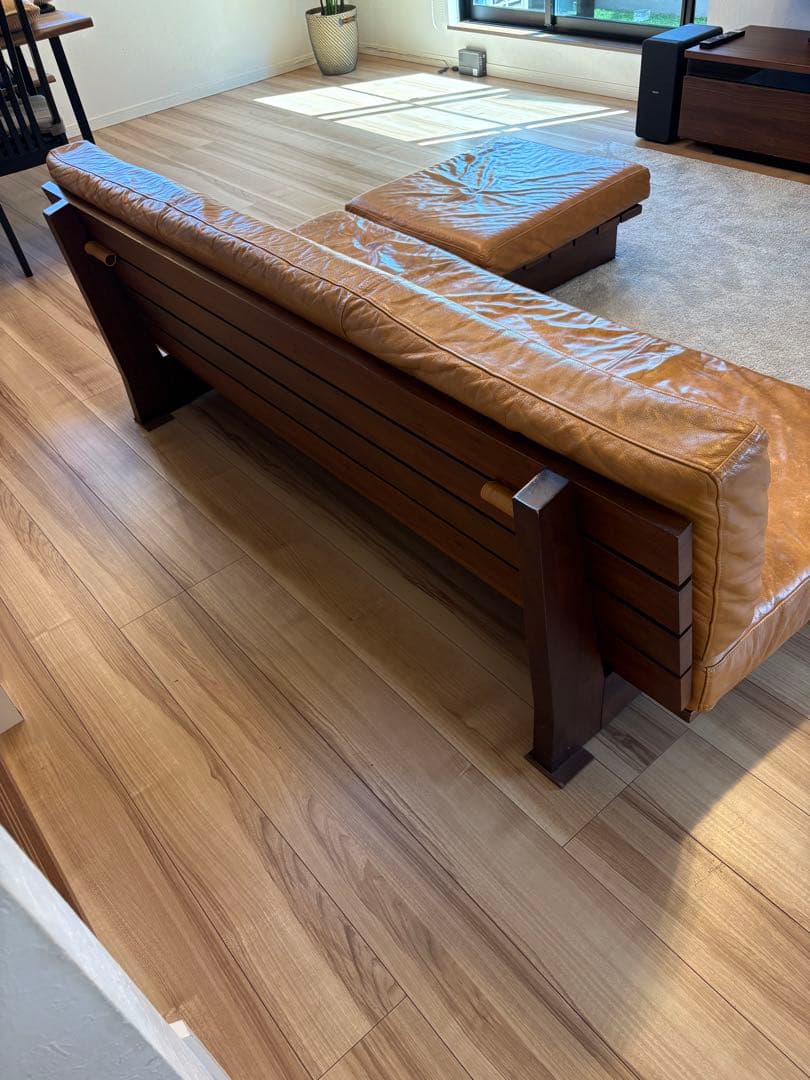 本革　カウチソファー　3人掛け　Blena LEATHER WOOD キャメル
