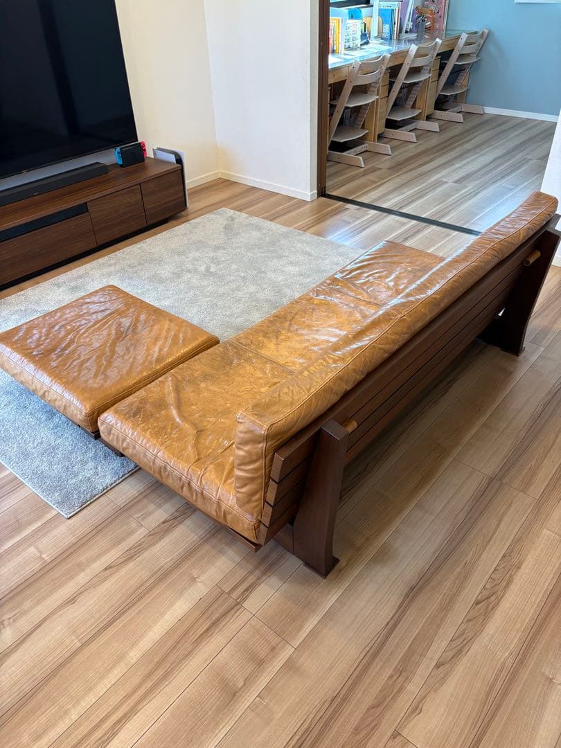 本革　カウチソファー　3人掛け　Blena LEATHER WOOD キャメル