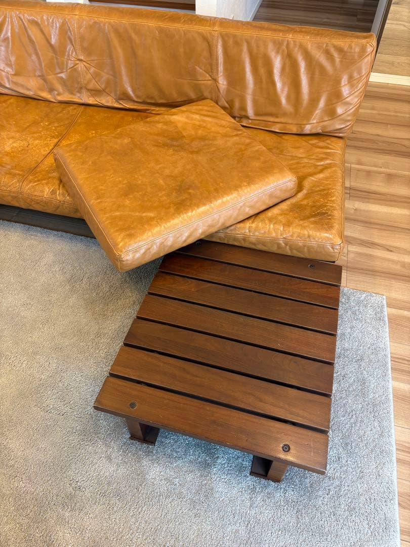 本革　カウチソファー　3人掛け　Blena LEATHER WOOD キャメル