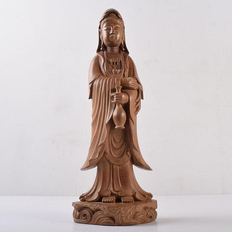 仏教美術　藤田東光拝刀　木彫　観音像　仏像　置物　共箱　M　R9050