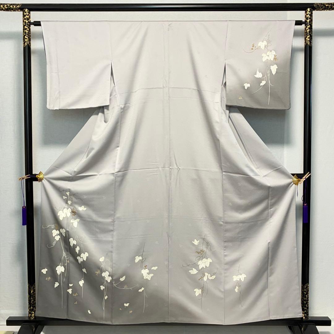 D212 訪問着　蔦の葉　グレー　一つ紋　正絹　着物　袷　極美品