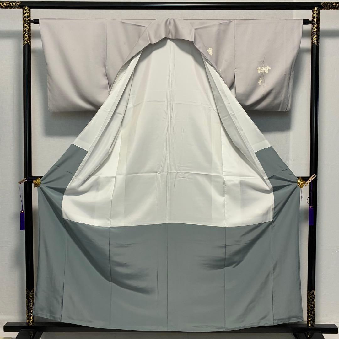 D212 訪問着　蔦の葉　グレー　一つ紋　正絹　着物　袷　極美品