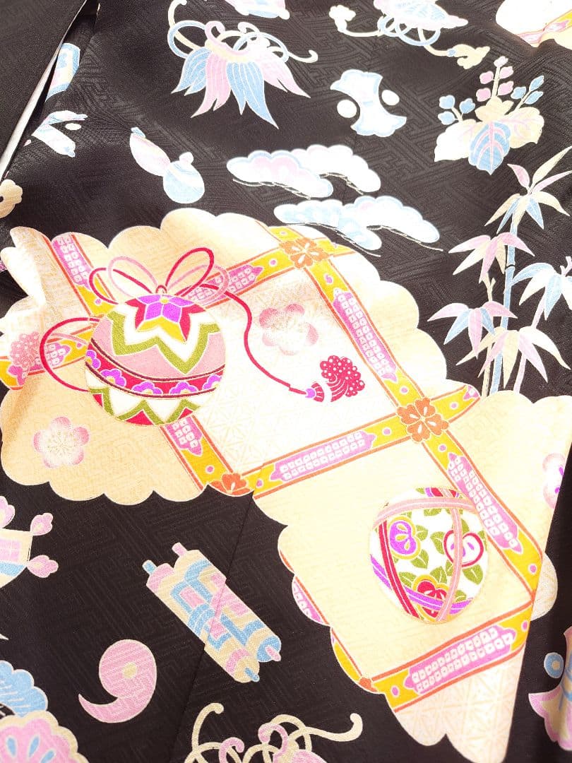 正絹　七五三　着物　長襦袢セット　黒　手毬　宝尽し