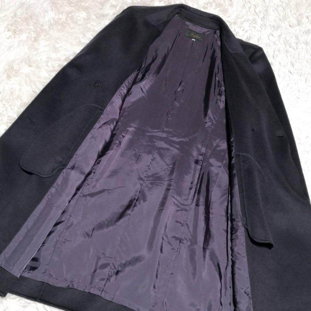 美品 L レリアン カシミヤ100 ロング ダブル チェスター コート 黒系