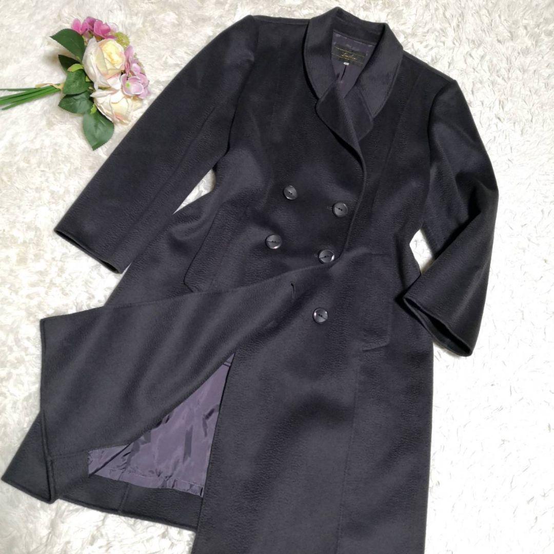 美品 L レリアン カシミヤ100 ロング ダブル チェスター コート 黒系