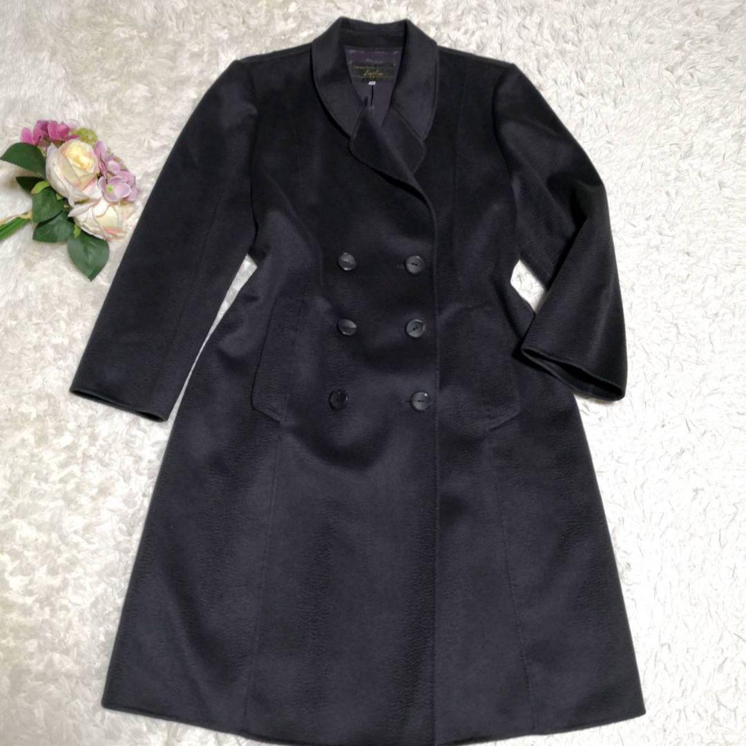 美品 L レリアン カシミヤ100 ロング ダブル チェスター コート 黒系
