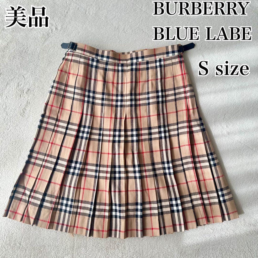 美品 バーバリーブルーレーベル ノバチェック プリーツ レザーベルトミニスカート
