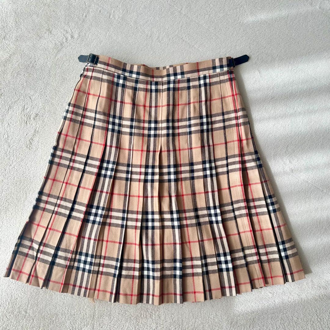 美品 バーバリーブルーレーベル ノバチェック プリーツ レザーベルトミニスカート