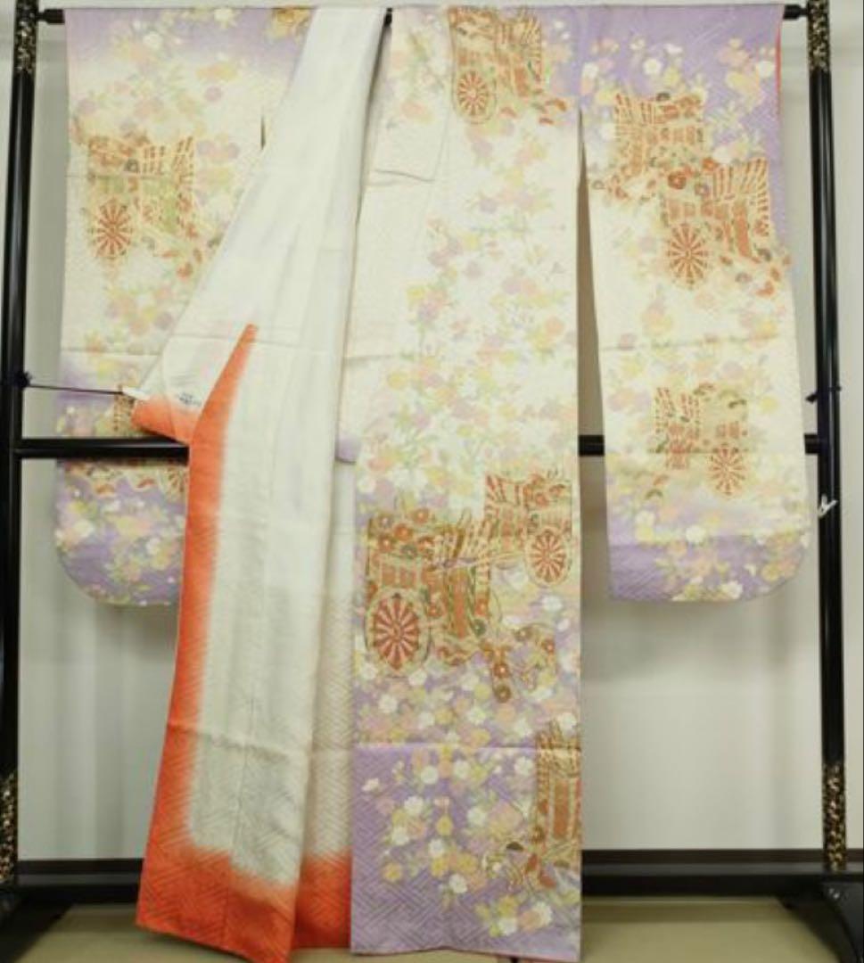 振袖フルセット6点サイズM〜Ｌ駒刺繍　御所車花文　暈し染め　金彩　正絹