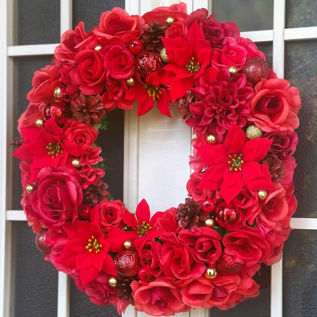 特大☆クリスマス☆ポインセチア・ダリアと赤いバラのフラワーリース☆