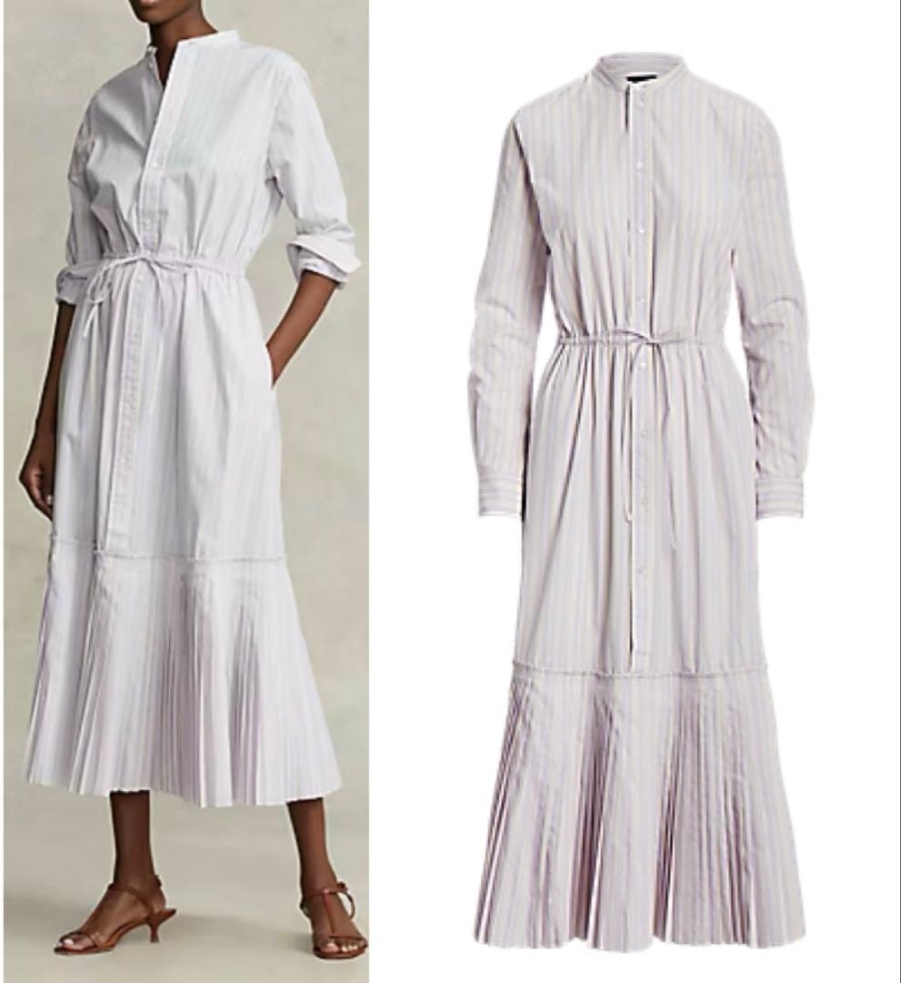 美品ポロラルフローレン プリーツヘムロングシャツワンピース ストライプ サイズ2