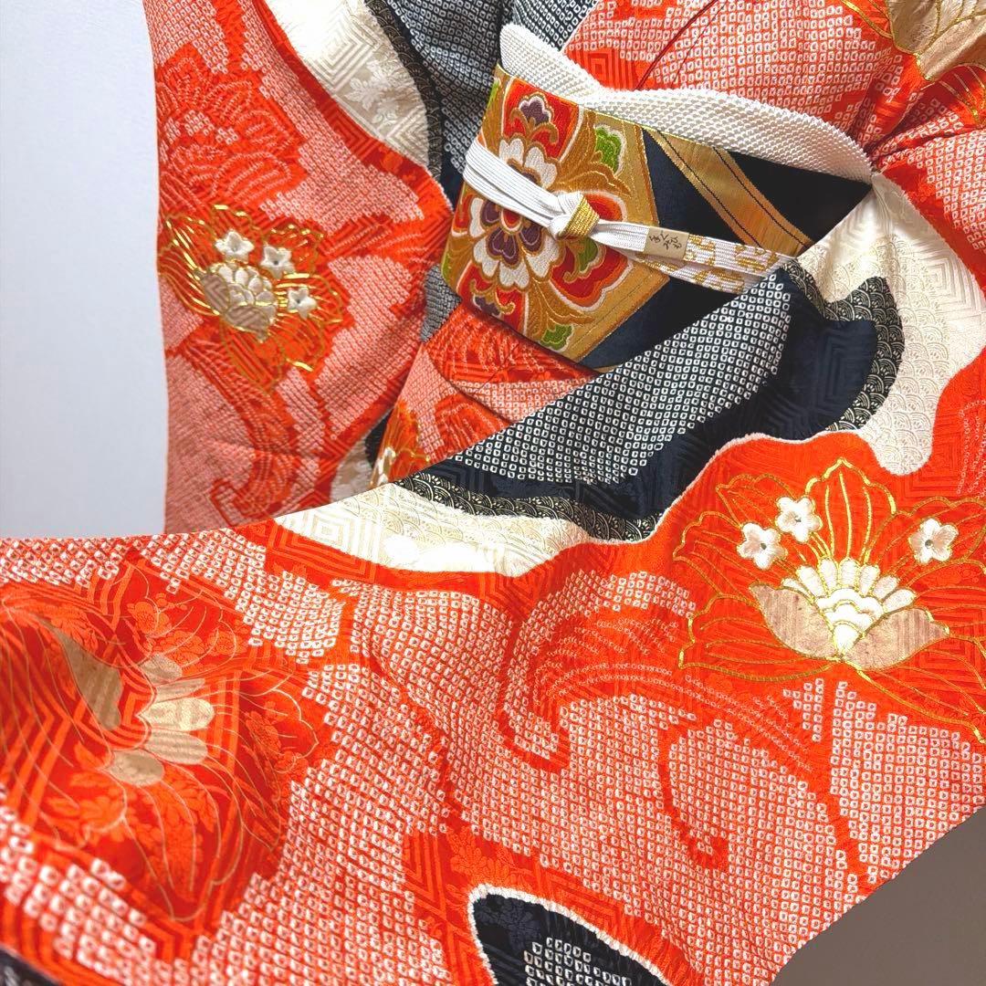 21 振袖フルセット 正絹 朱赤 黒 金彩 絞り 駒刺繍 レトロ アンティーク