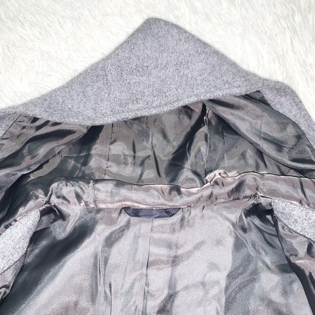 未使用級 パパスプラス メルトンコート ウール フード付 ふわふわ 縮絨 グレー