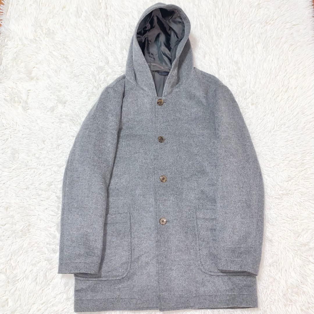 未使用級 パパスプラス メルトンコート ウール フード付 ふわふわ 縮絨 グレー