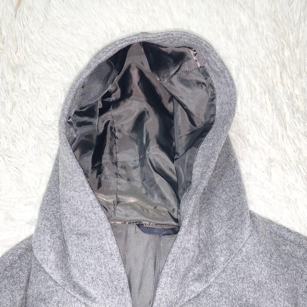 未使用級 パパスプラス メルトンコート ウール フード付 ふわふわ 縮絨 グレー