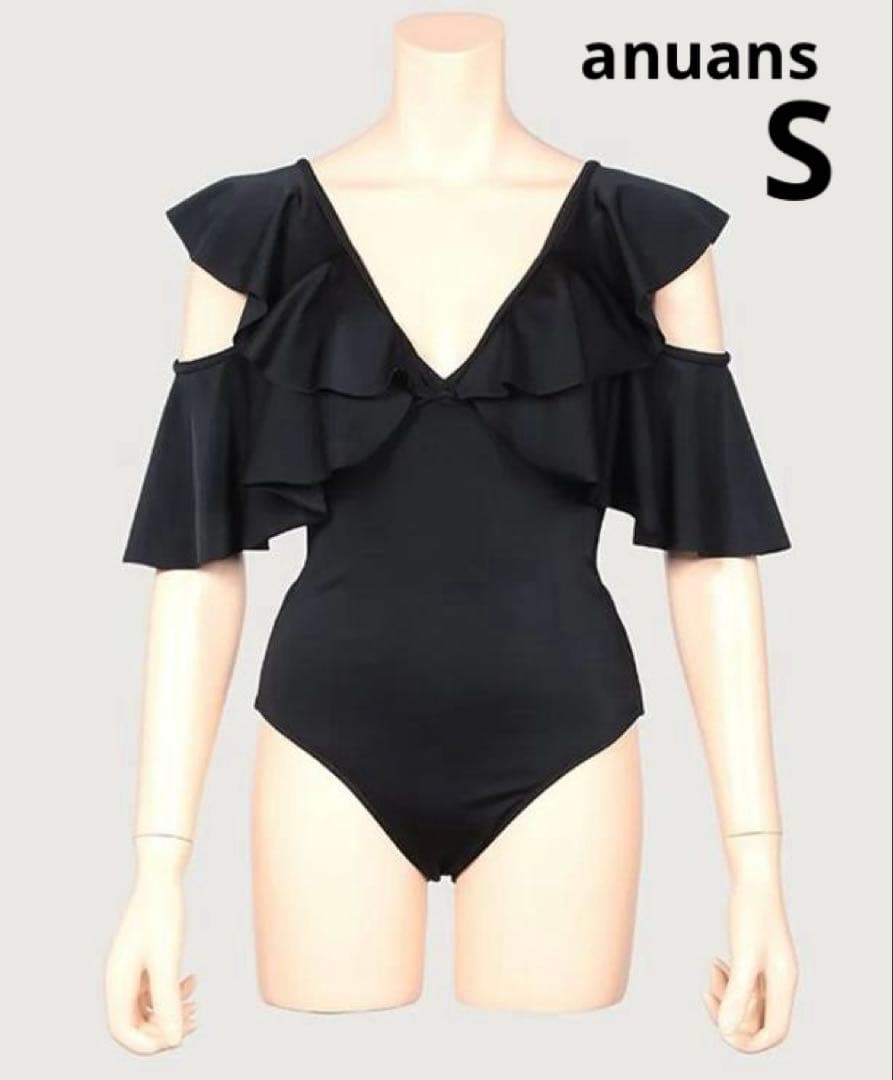 【新品】anuans　アニュアンス　フリルスリーブワンピース 水着　S　黒