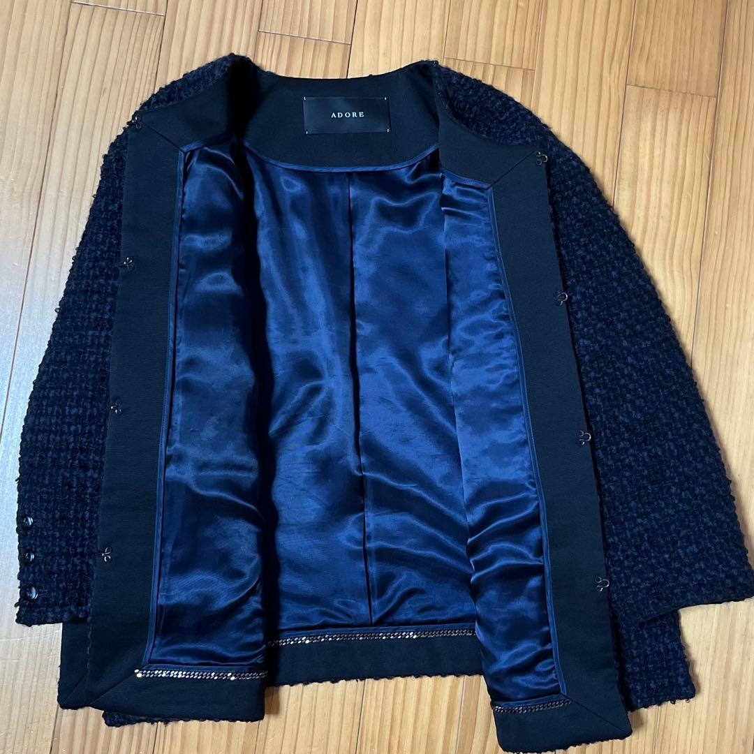 超美品ADORE 黒紺 ノーカラーツイードジャケット7-8部袖 大草直子コラボ