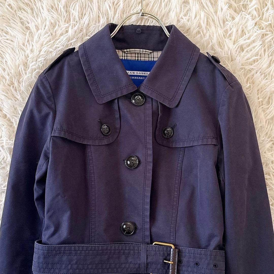 バーバリーブルーレーベル✨トレンチコート ノバチェック ベルト フレア 紺 38